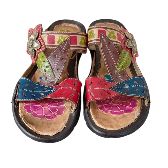 Elite By Corky's Marsh Painted Leather Slide On Sandals Size 6 - Picture 2 of 11